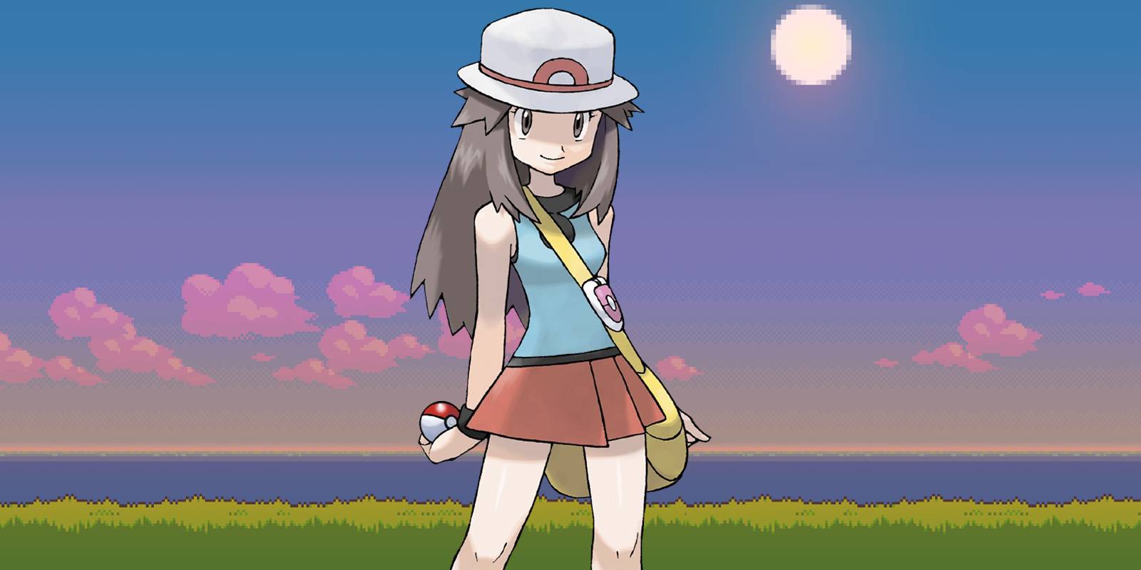 Leaf stands in front of a pixel art-based sunset from Pokemon Fire Red and Leaf Green