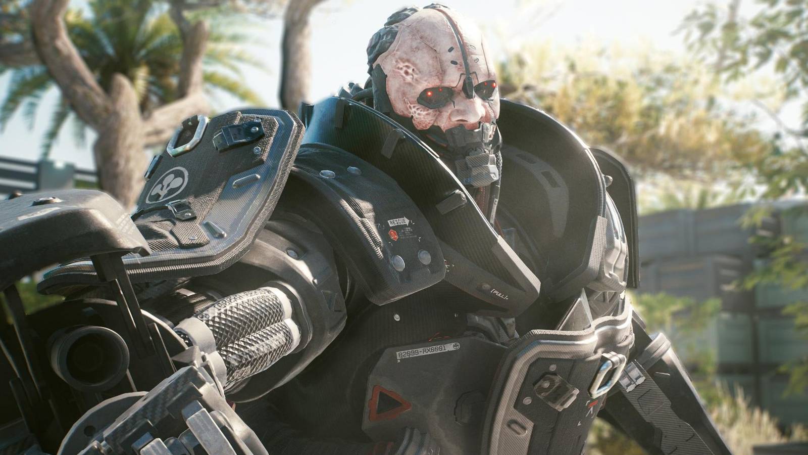 Adam Smasher pointing one of his arm cannons at the camera in Cyberpunk 2077.