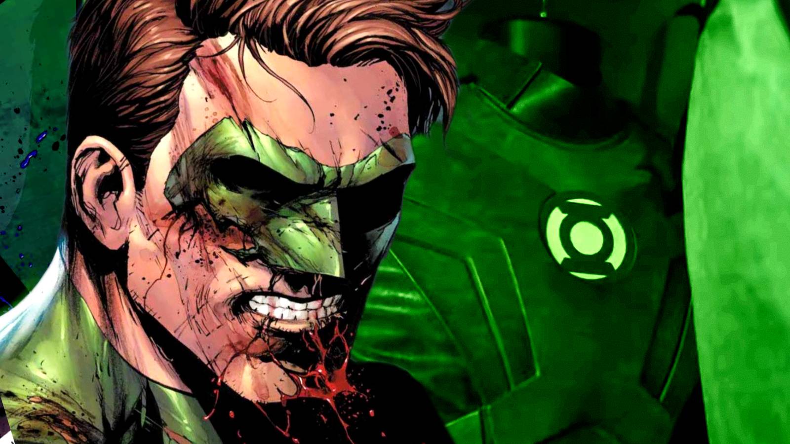 A beaten-up Hal Jordan bleeds next to Kyle Chandler's Lanterns suit