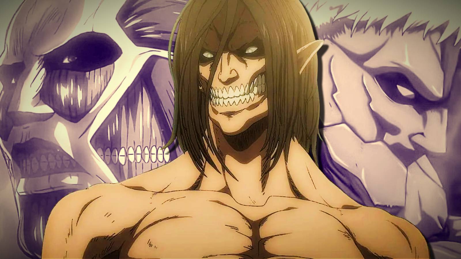 Attack on Titan's Attack Titan staring ahead with the Colossus Titan and the Armored Titan next t...