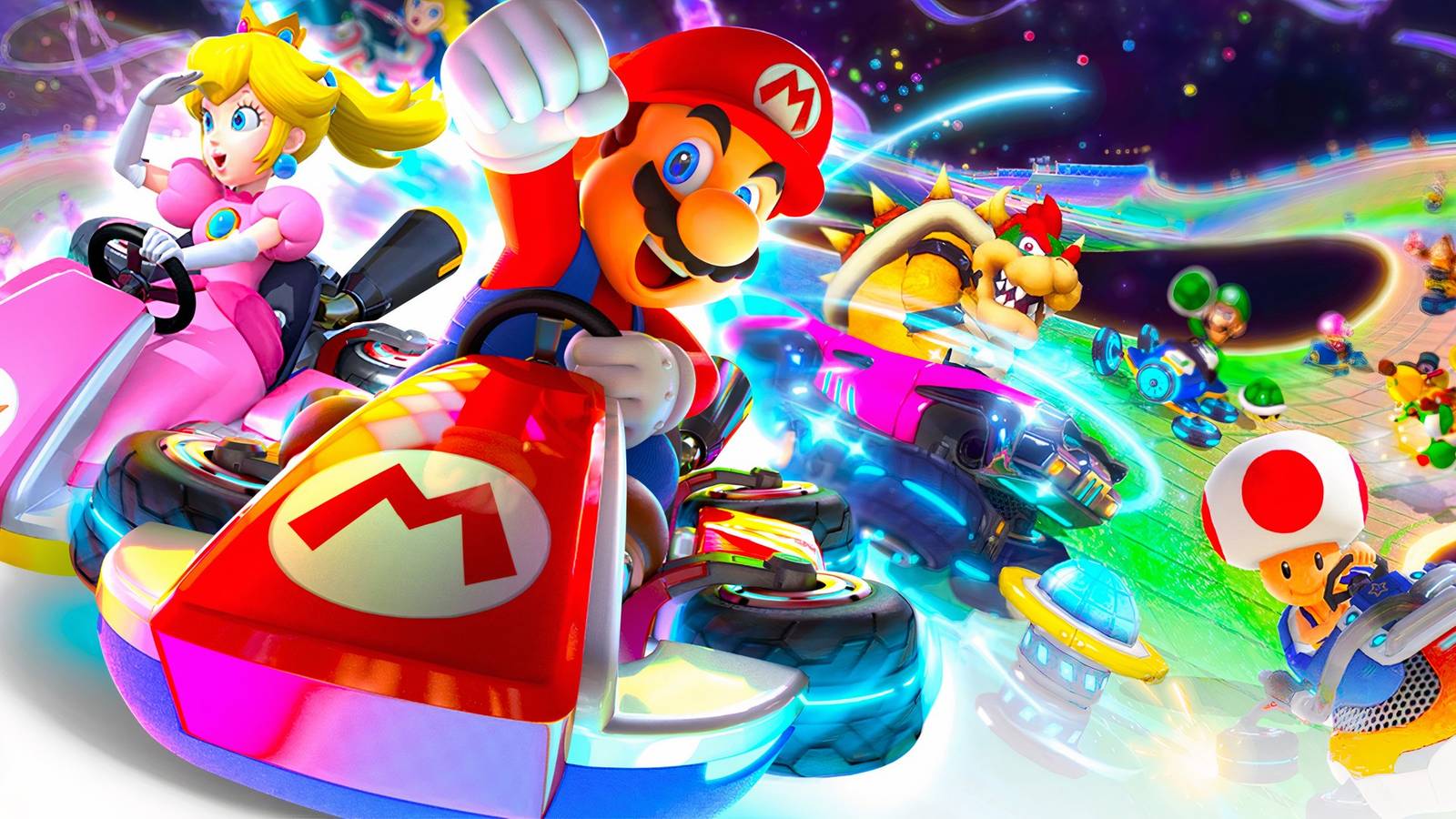 Mario, Peach and Bowser racing with Karts from Mario Kart 8.