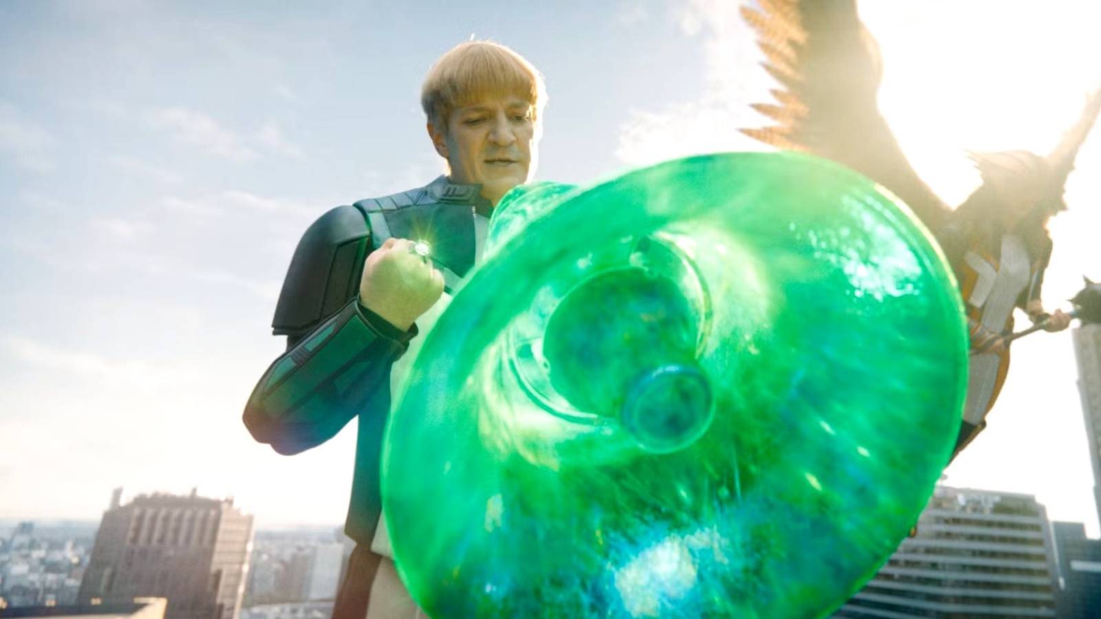 Nathan Fillion as Guy Gardner in the Superman movie using his powers to make a megaphone