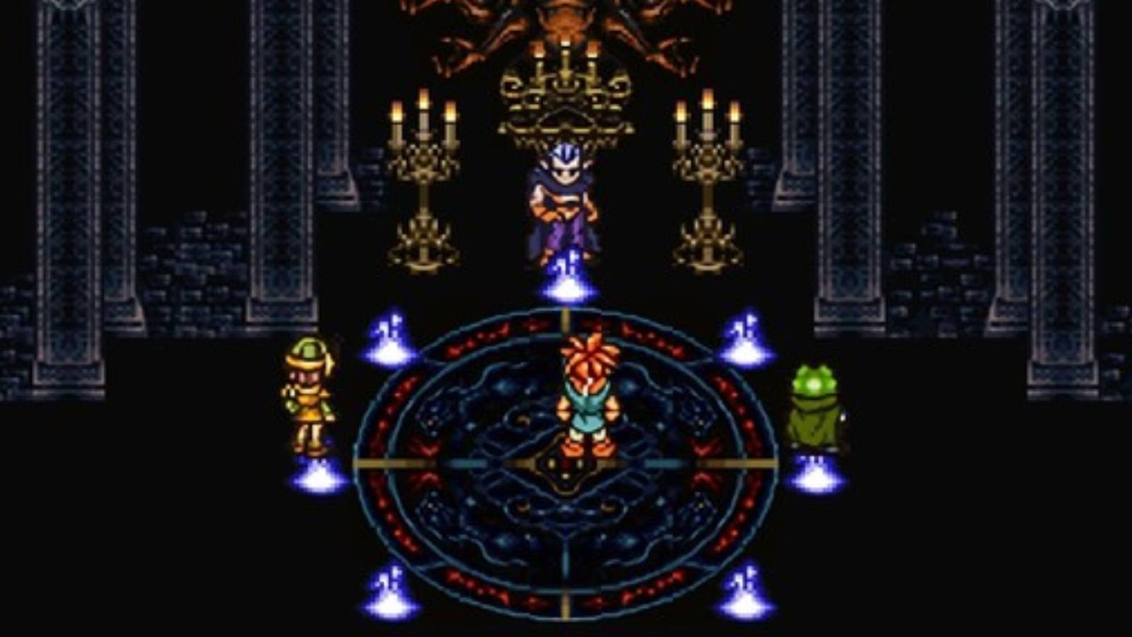 Party in Chrono Trigger standing in a dark room lit by candles