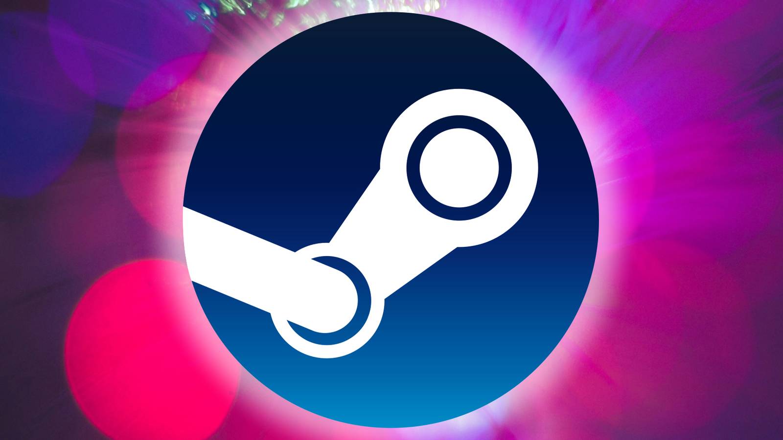 The Steam logo glows over a pink and purple background.