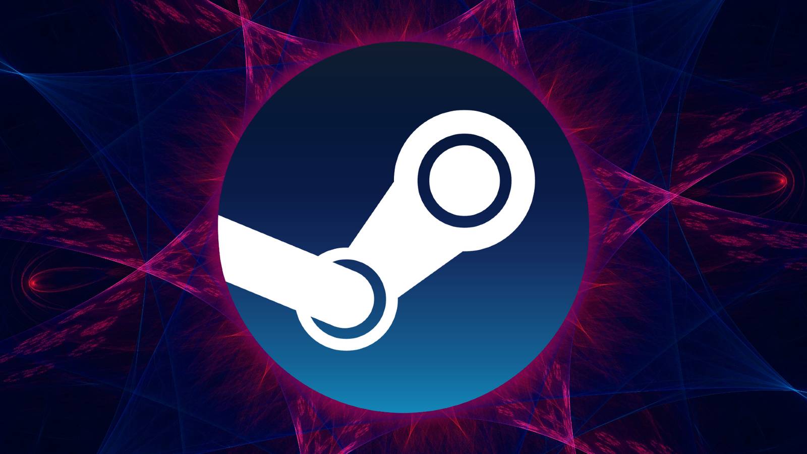 The Steam logo floats over purple energy on a blue background.