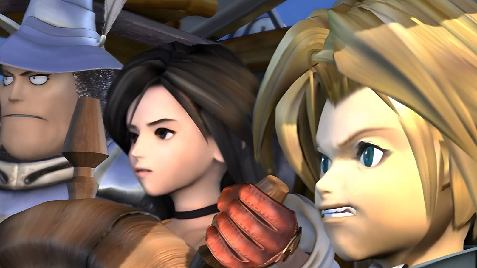 Steiner, Dagger, and Zidane making determined faces as Dagger grips the wheel of the airship in a...