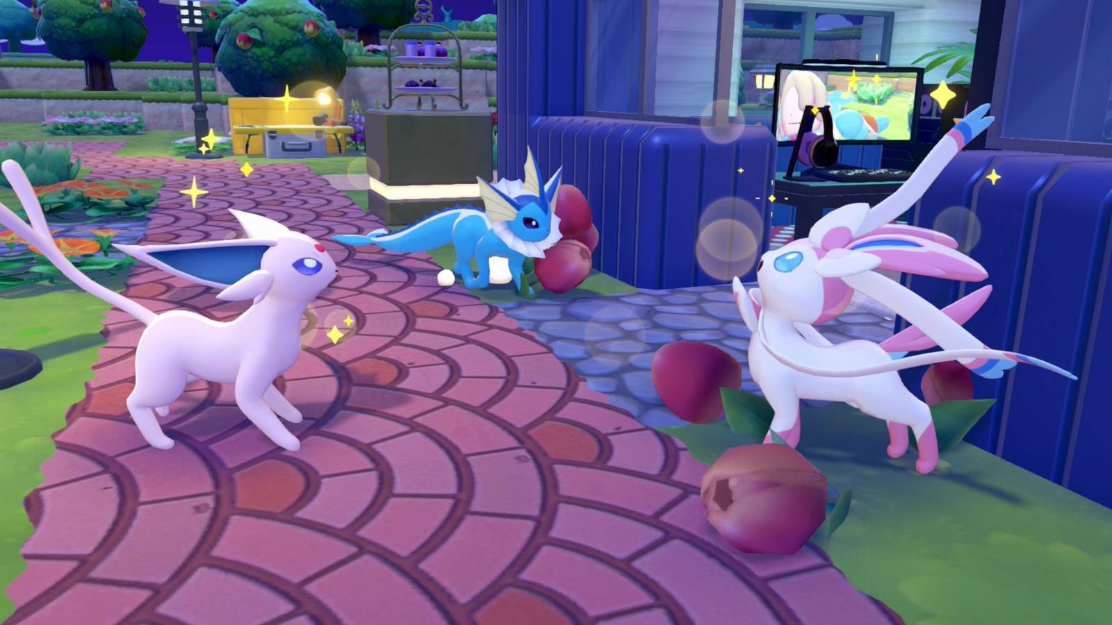 Three Eevee evolutions talking to each other in Pokémon Pokopia