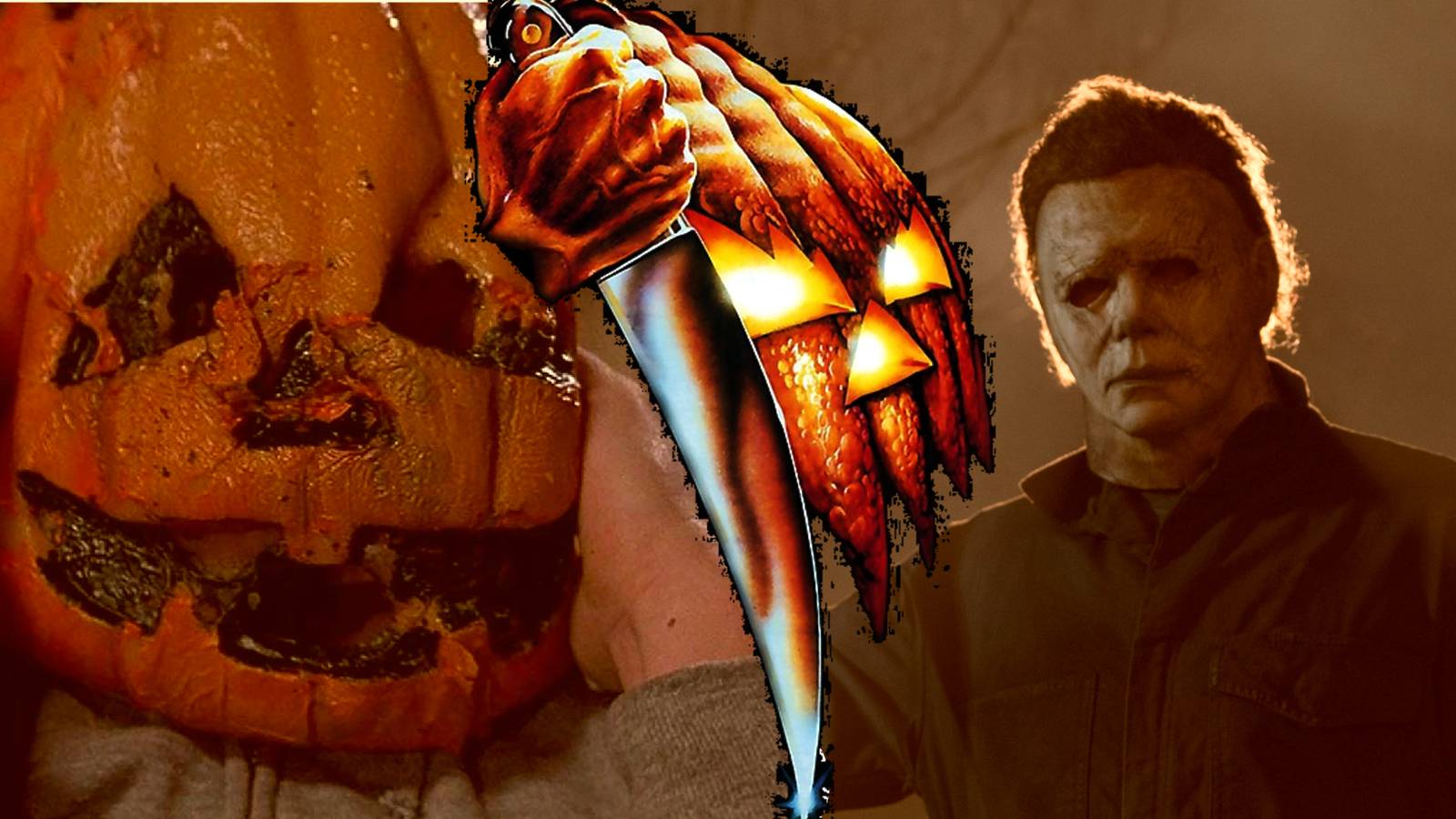 A Boy Wearing a Silver Shamrock Mask Next To The Halloween Logo And Michael Myers