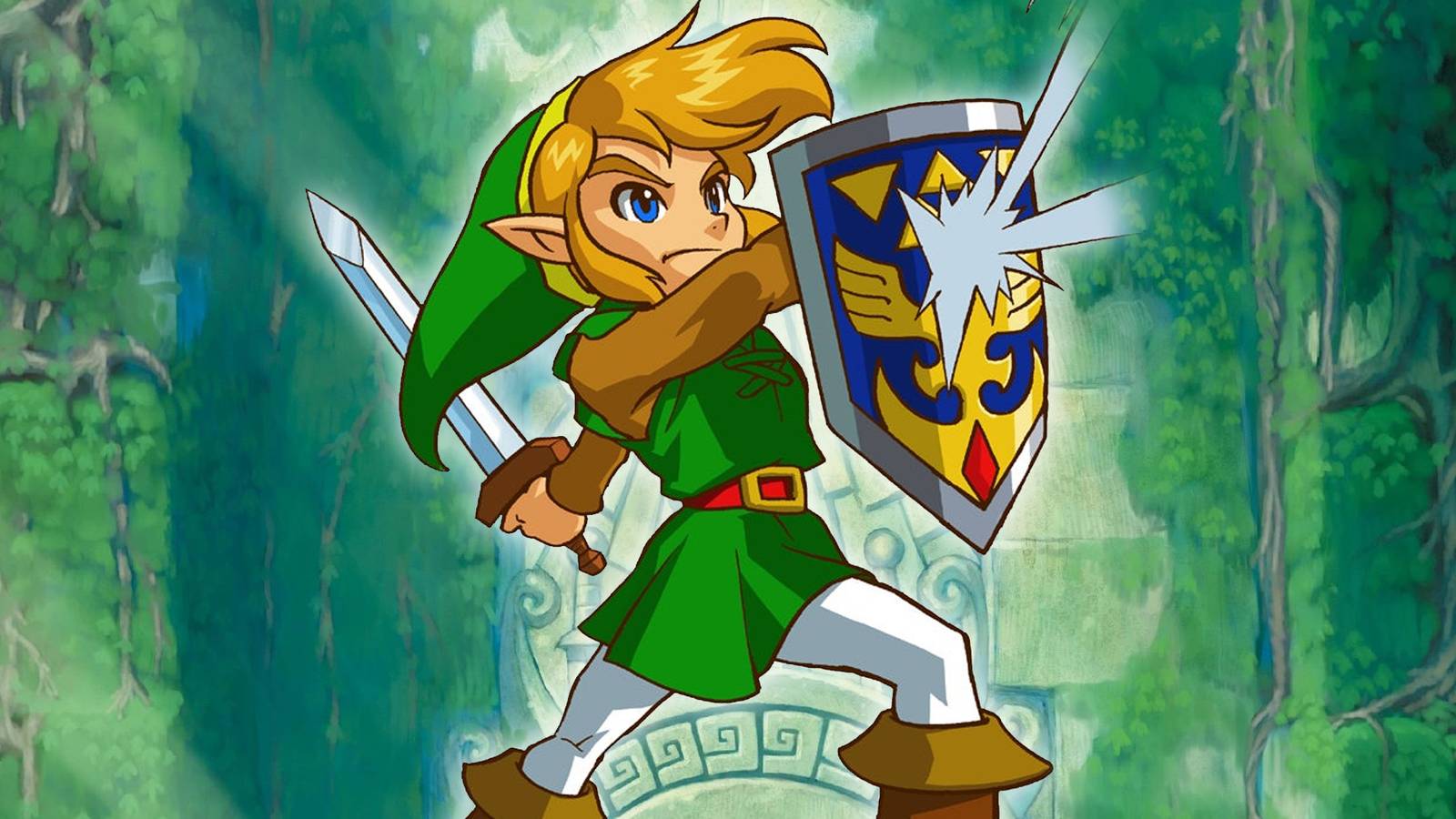 Link from the Zelda Oracle games in front of art from Four Swords.