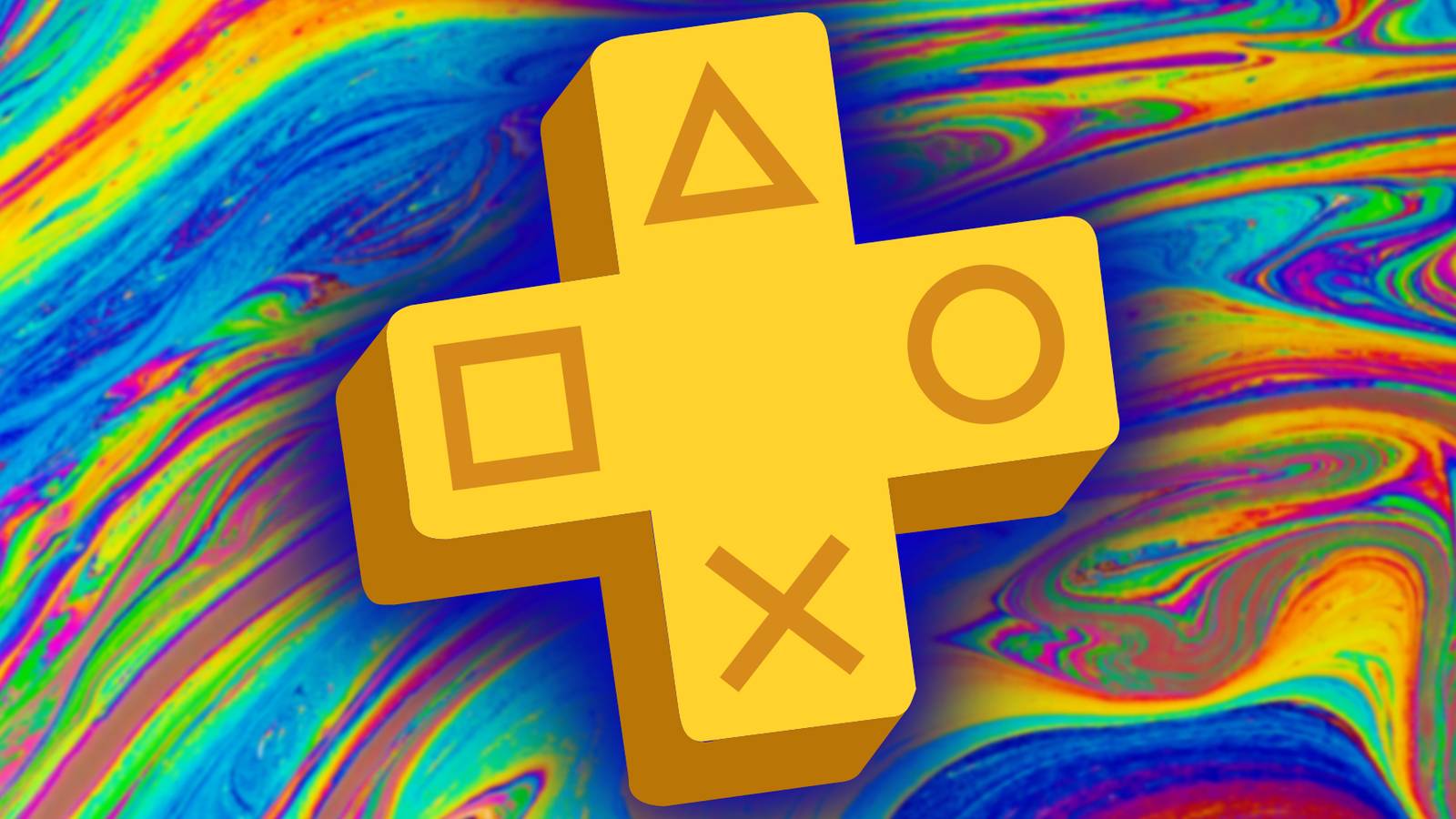 The PlayStation Plus logo is superimposed over a psychedelic swirl of colors.