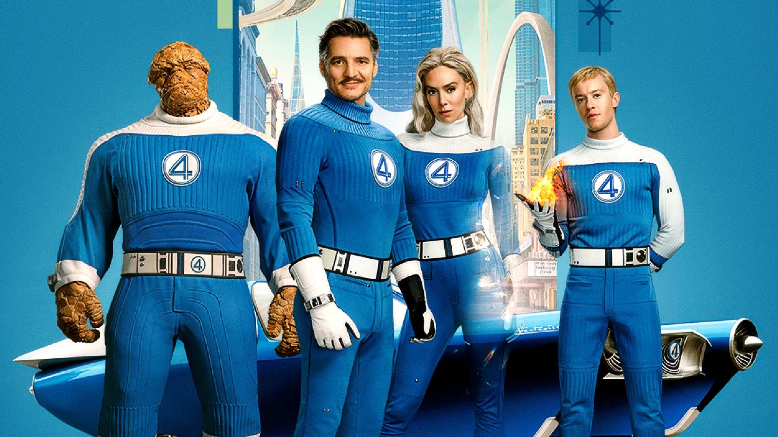 The Fantastic Four: First Steps' main cast poses in front of the Fantasticar and the Baxter Building