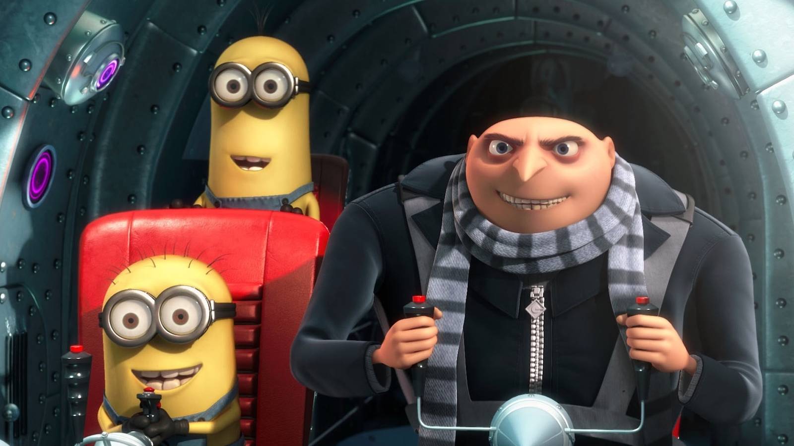 Gru flying a vehicle with two minions in Despicable Me.