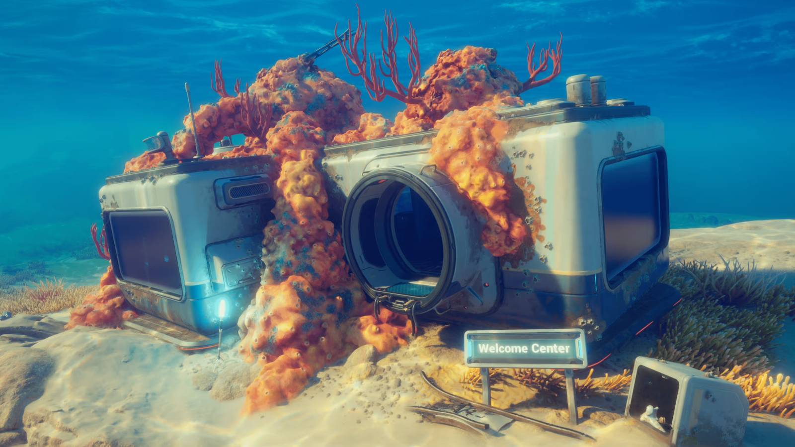 A submerged habitat module in Subnautica 2, overgrown with coral and algae. A sign in front says,...