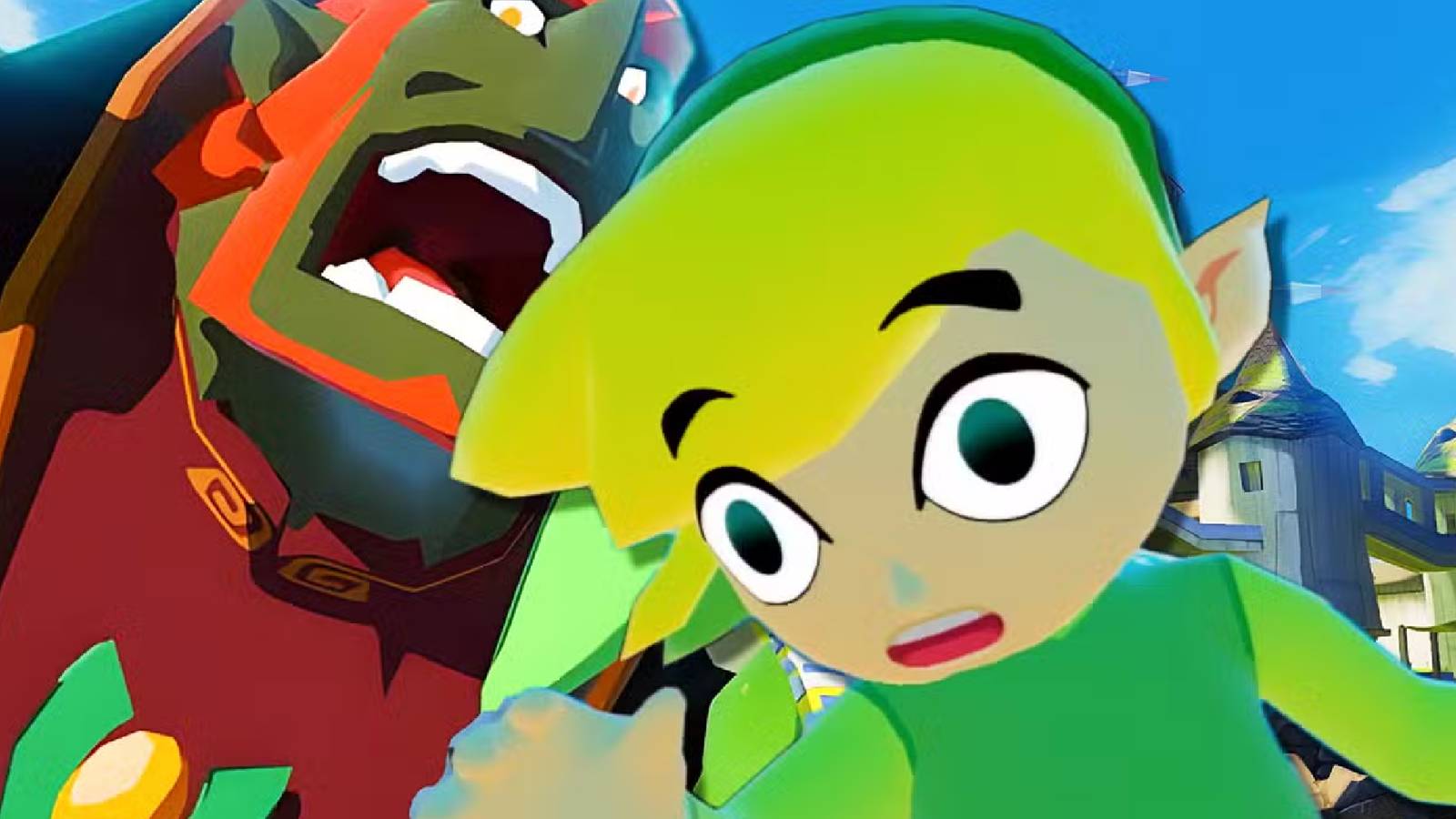 Toon Link with Ganondorf behind him in Legend of Zelda The Wind Waker