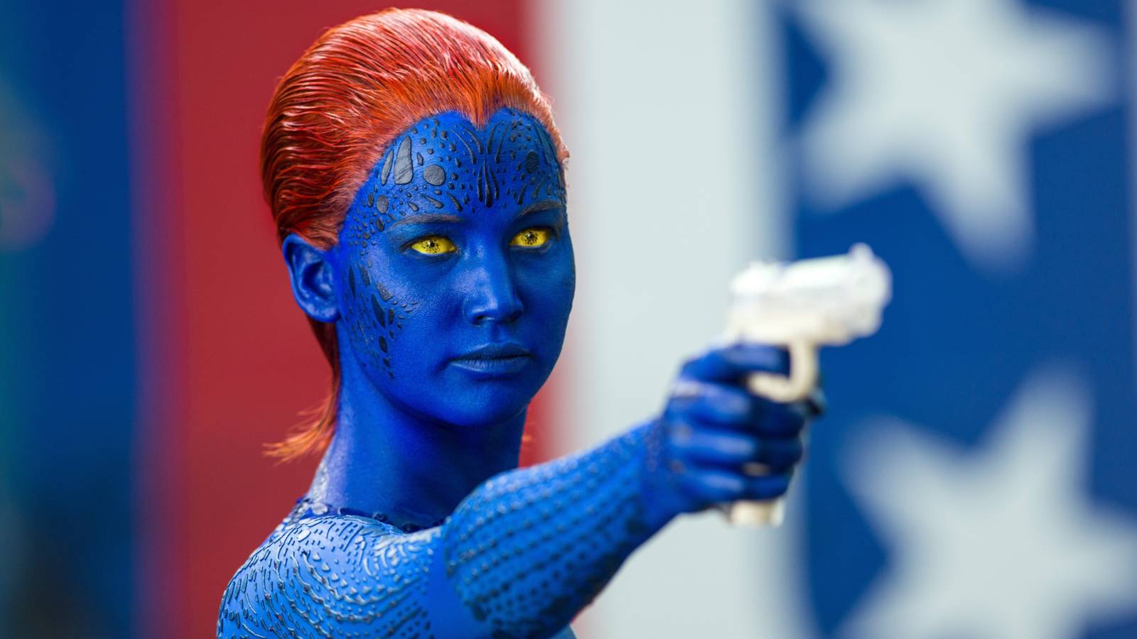 Mystique (Jennifer Lawrence) holding a plastic gun in X-Men: Days of Future Past