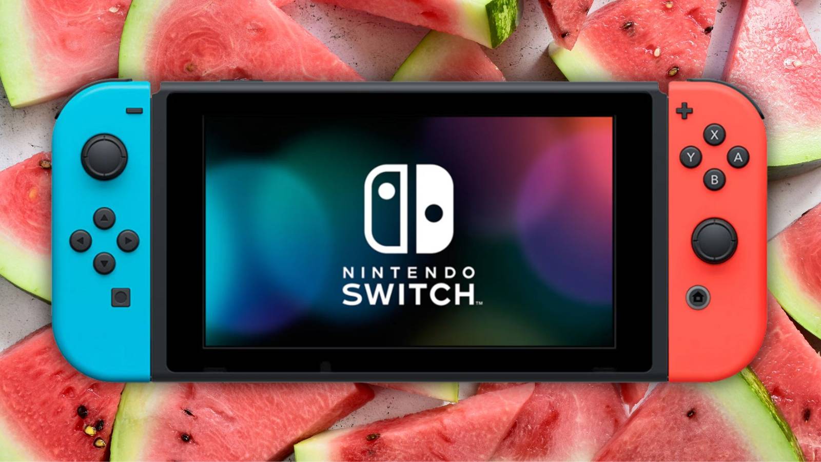 A Nintendo Switch in front of slices of watermelon