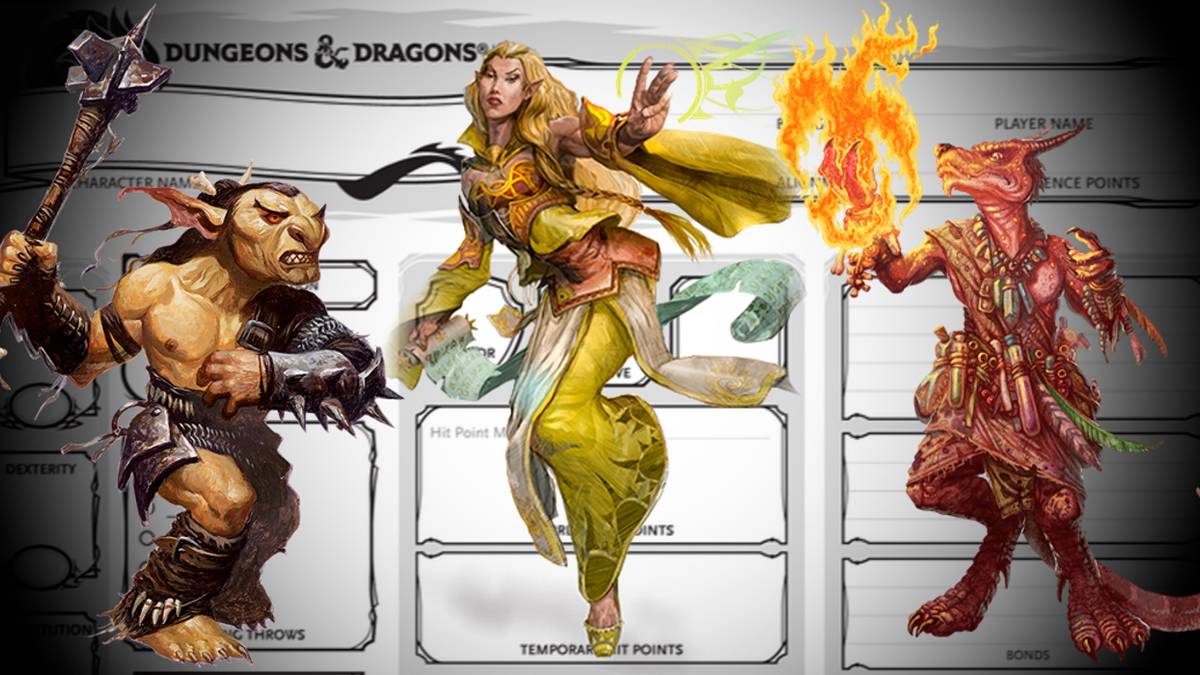 Goblin, Elf and Kobold in front of D&D character sheet.