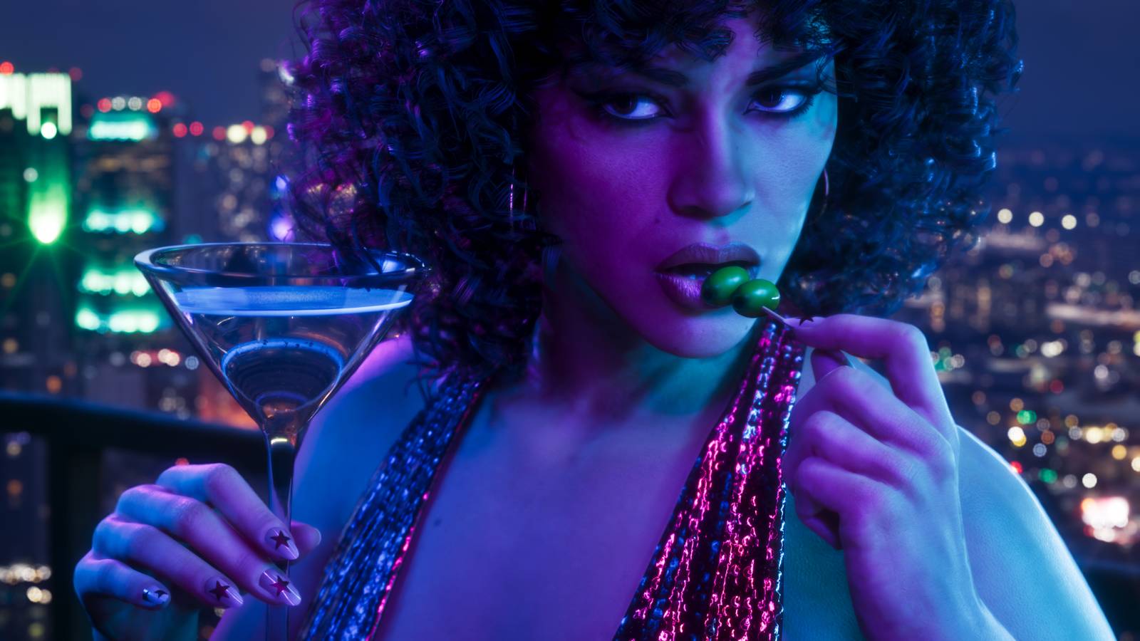 A close-up on Lucia holding a full martini glass and eating the olive garnish off a skewer.