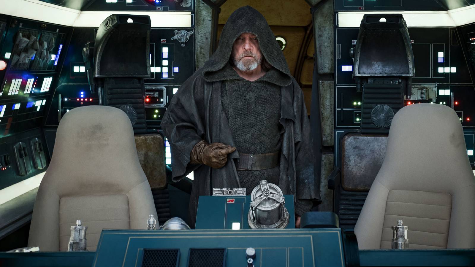 Luke Skywalker inside the Millennium Falcon in The Last Jedi