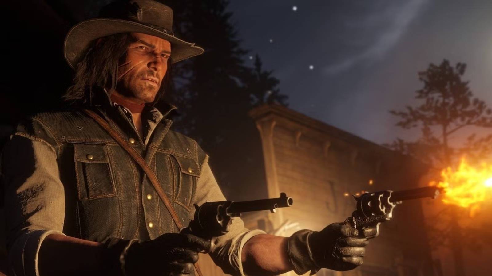 John Marston holds two pistols and fires one of them at night in Red Dead Redemption 2.