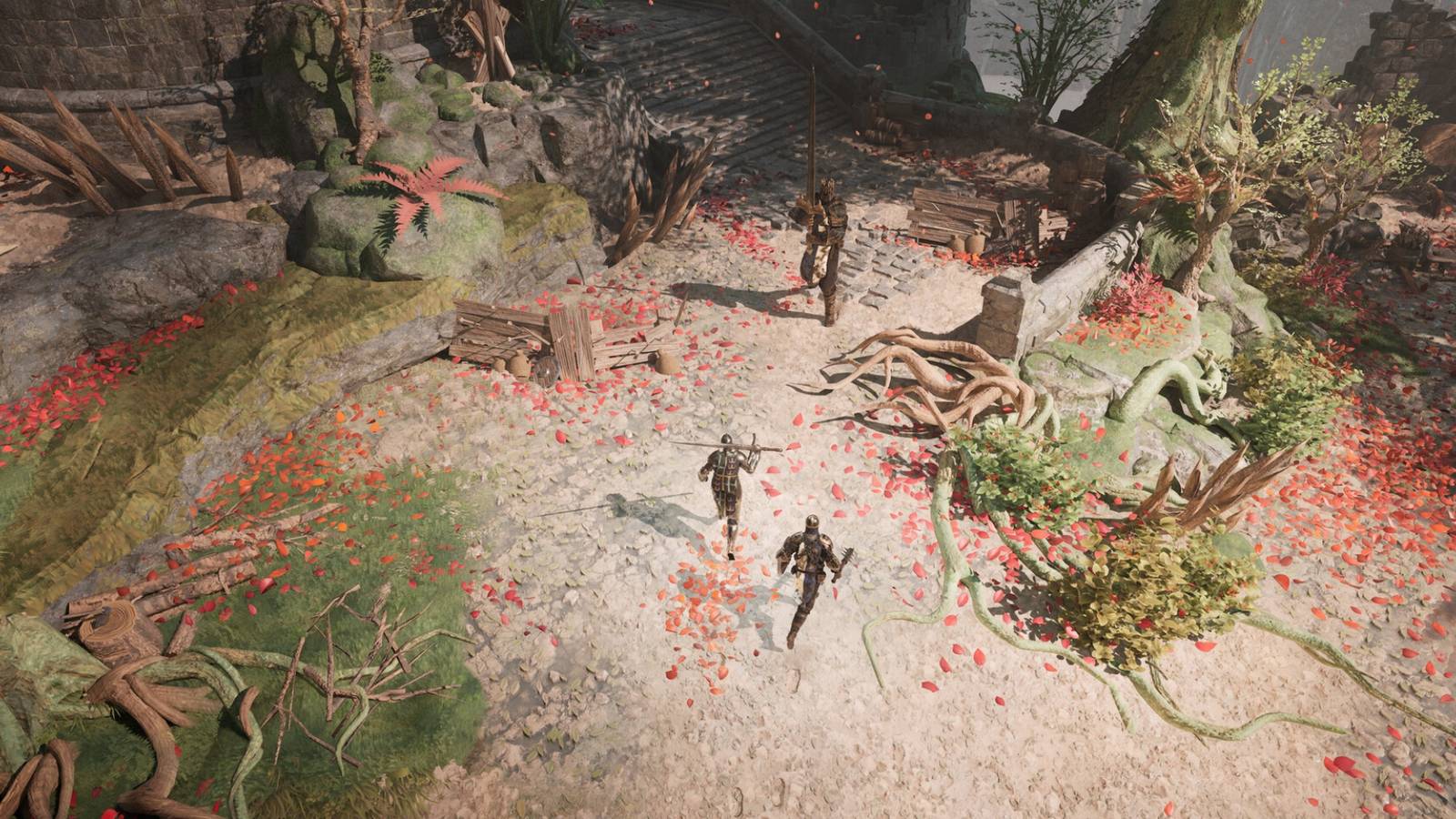 Two characters charge a huge knight in Wardens of Avalon.