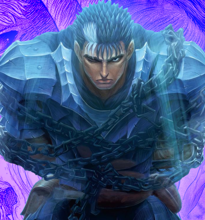 Guts in Chains with Daiba outside the Stupa, and Griffith with Casca in Berserk