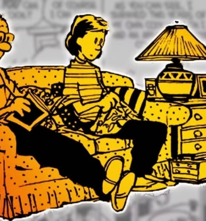 Calvin talks to his parents (foreground) against a backdrop of comic panels