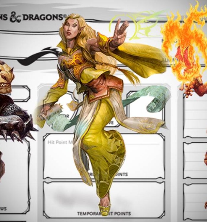 Goblin, Elf and Kobold in front of D&D character sheet.