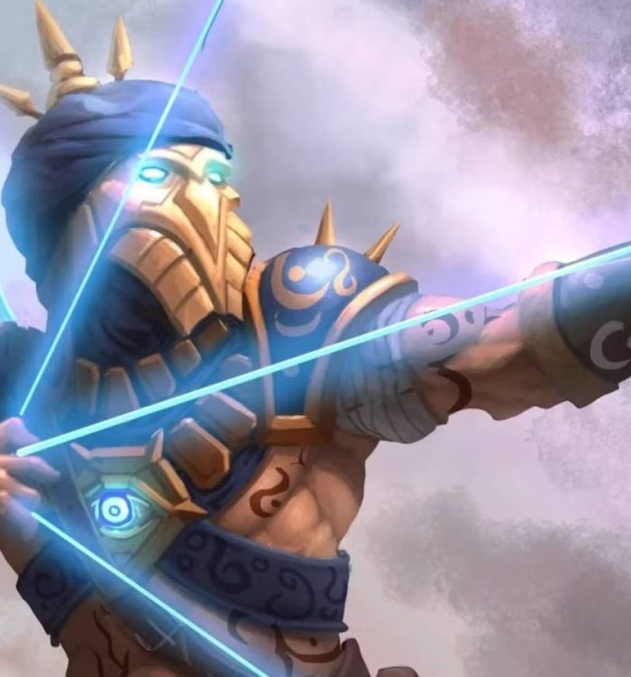 An Arcane Archer Fighter from Dungeons and Dragons loads an Arcane Shot from their bow.