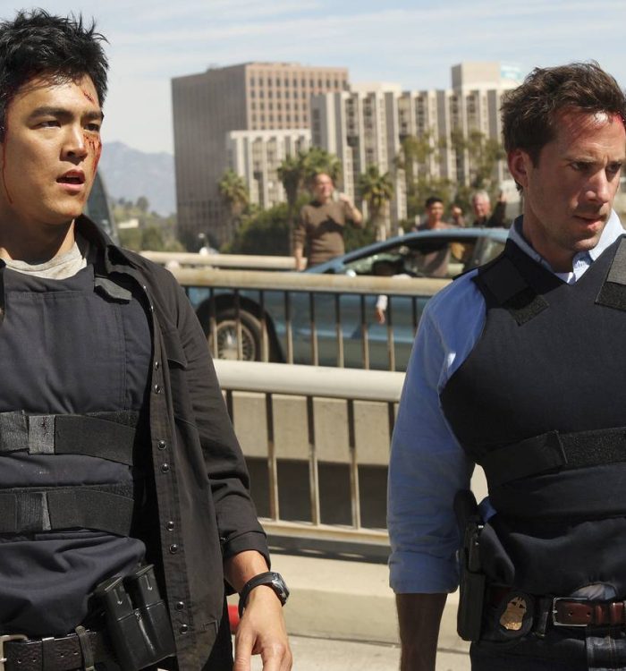 FlashForward still featuring Joseph Fiennes as Mark Benford and John Cho as Demetri Noh in riot g...