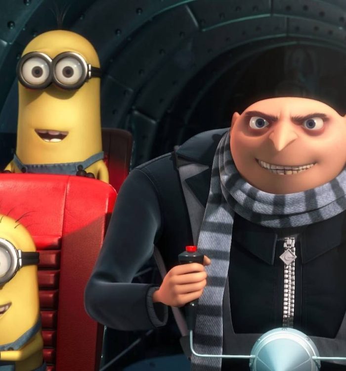 Gru flying a vehicle with two minions in Despicable Me.