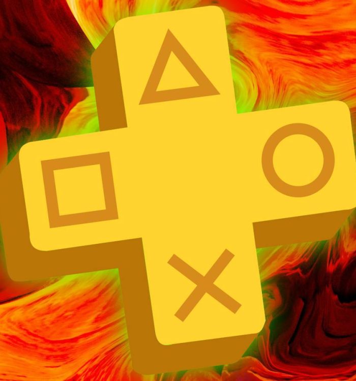 The PlayStation Plus logo is superimposed over a red swirling background.