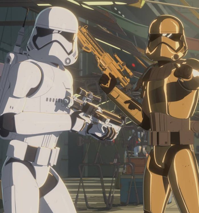 Armed white and gold Stormtroopers in Star Wars: Resistance