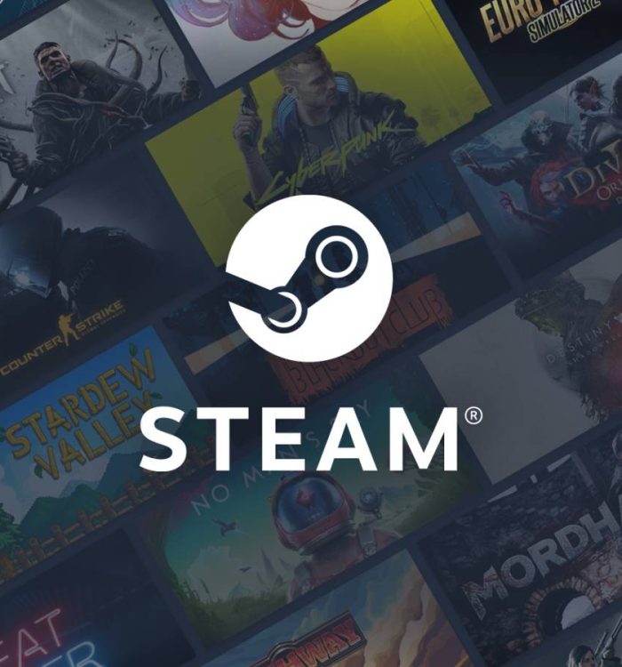 The Steam logo over a catalog of game cards in the background.