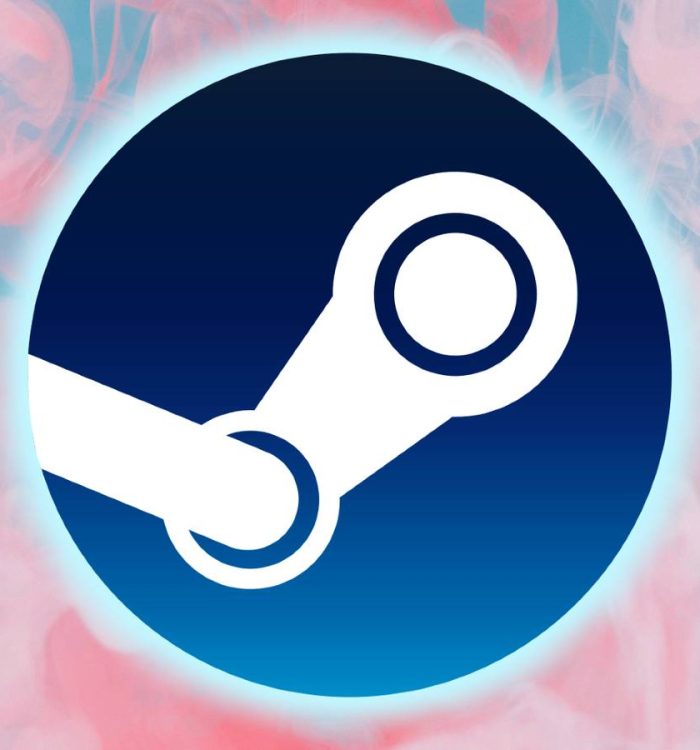 The Steam logo is superimposed over an image of pink smoke against a light blue background.