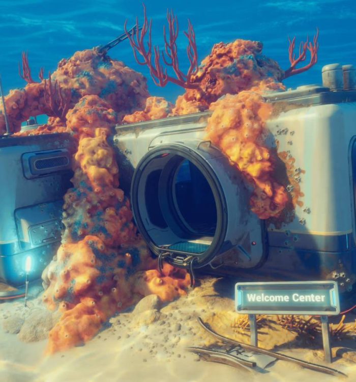 A submerged habitat module in Subnautica 2, overgrown with coral and algae. A sign in front says,...