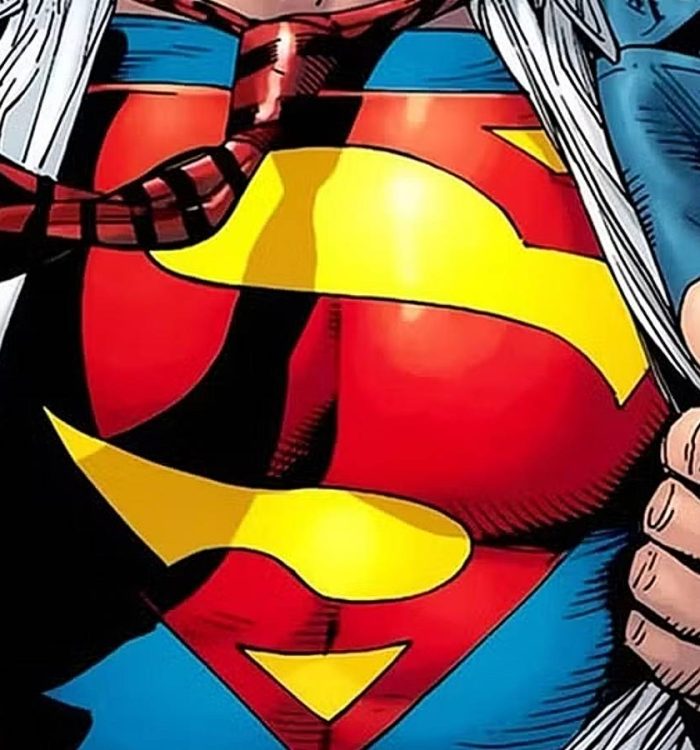 superman showcasing his iconic logo