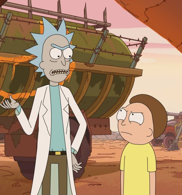 Rick and Morty arguing in front of vehicles in Rick & Morty