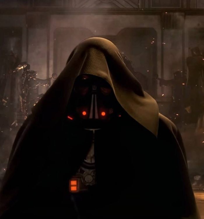 A closeup of Darth Revan's mask illuminated by a red lightsaber from the Star Wars Knights of the...