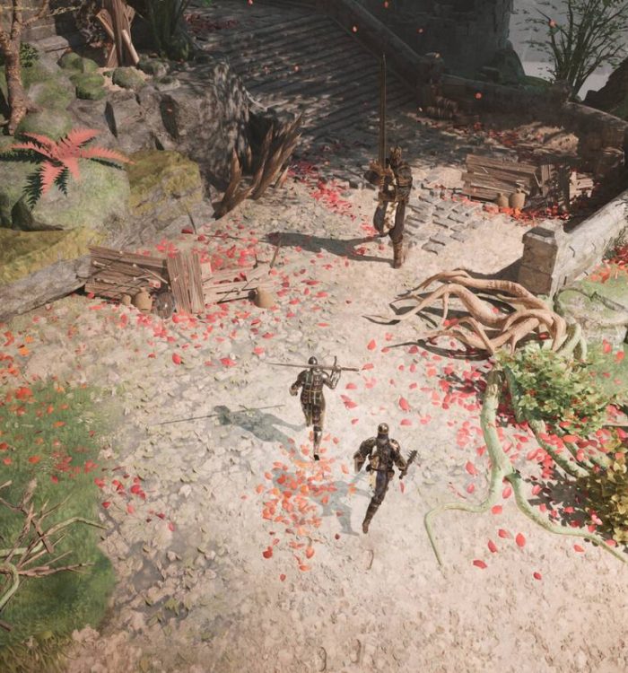 Two characters charge a huge knight in Wardens of Avalon.