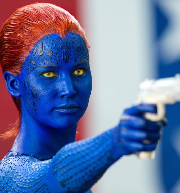 Mystique (Jennifer Lawrence) holding a plastic gun in X-Men: Days of Future Past