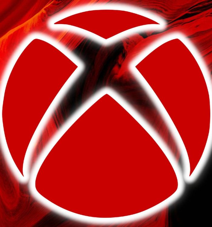 The red Xbox logo is superimposed over a red and black swirling background.